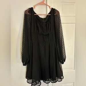WDIRARA Polka Swiss Dots Mesh Square Neck Lantern Bishop Sleeve Chiffon Dress
